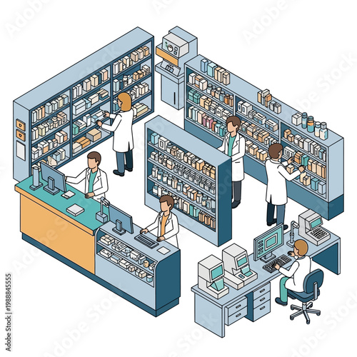 Pharmacists working at pharmacy counters.