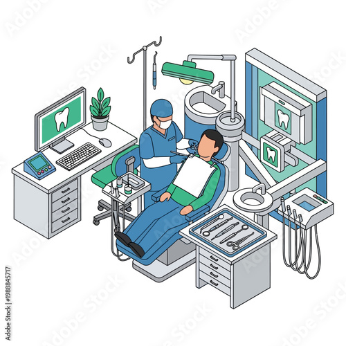 Dentist and patient in dental chair.