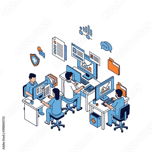 People working at computer desks.