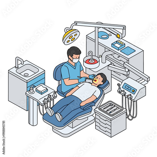 Dentist examines patient in clinic chair.