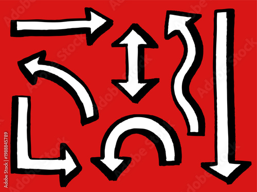 Conjunto de flechas dibujadas a mano estilo grunge con efecto 3D. Set de flechas color negro y blanco estilo marcador grueso. Iconos de flechas estilo tiza para marcos. Flechas para notas. Vector