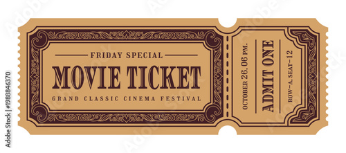 Vintage grand classic cinema festival ticket with ornate border