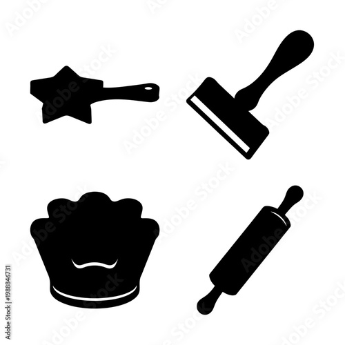 Black silhouette illustration of essential baking tools and equipment for desserts