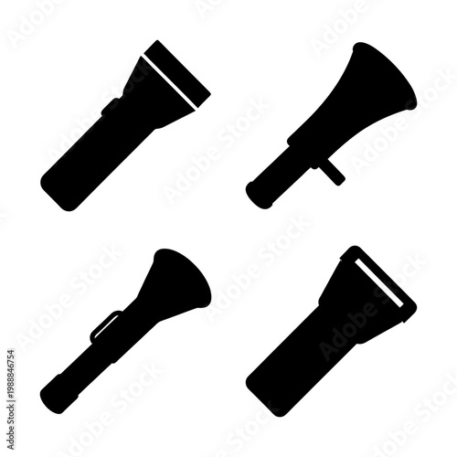 Vector Illustration of Four Dark Silhouettes of Flashlights and Bullhorns in Black