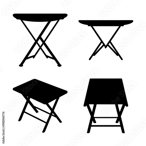 Four variations of folding tables depicted in black silhouettes on white background