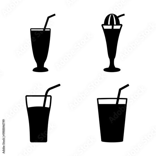 Simple black and white illustration of various drinks with a straw included