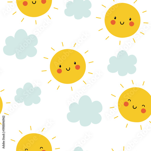 Cute seamless pattern with smiling suns and clouds. Vector illustration for baby products, nursery decor, wallpapers, and textile designs.
