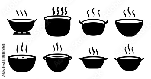 Set of eight black cooking pot vector icons with rising steam