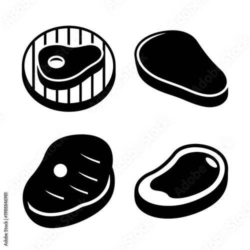 Black and white icons of steak on a grill and different cuts