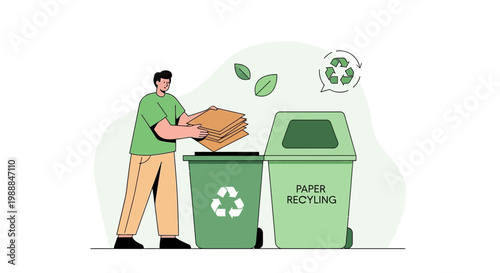 Man Recycling Paper into Green Bin, Environmental Protection Concept