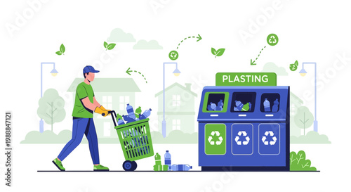 Man recycling plastic bottles at a public recycling station in a neighborhood