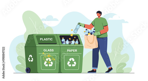 Man Recycling Plastic Bottles and Paper into Designated Bins