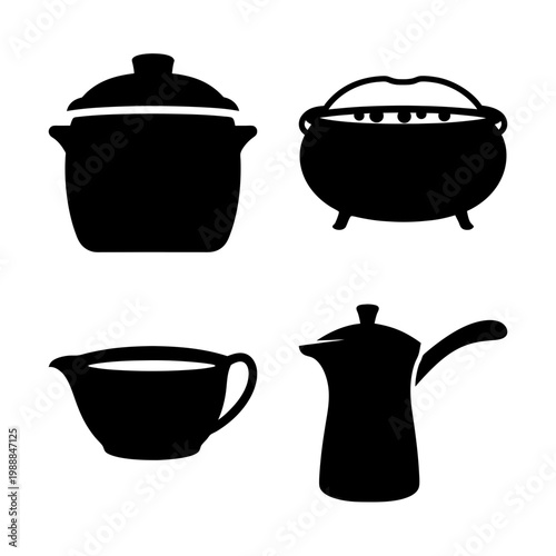 Black and white image presenting a cooking pot, cauldron, sauce boat and moka pot