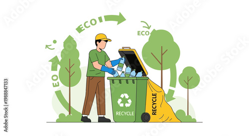 Man recycling plastic bottles into a green bin, eco-friendly waste management concept