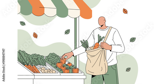Man shopping for fresh produce at an outdoor farmer's market, autumn harvest