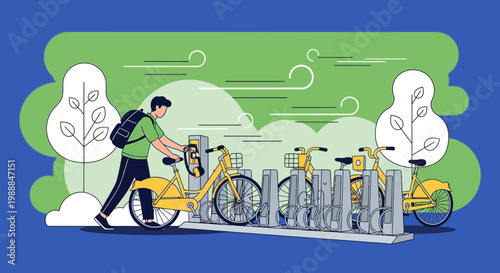 Man Renting Yellow Bike at City Station, Urban Transportation Concept