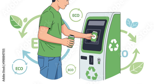 Man using eco-friendly recycling machine for cans and bottles, promoting sustainability