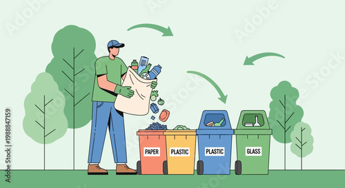 Man sorting waste into recycling bins: paper, plastic, glass, for environmental protection.