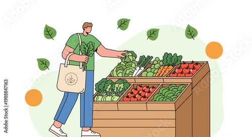 Man with reusable bag shopping for fresh organic vegetables at a market stall