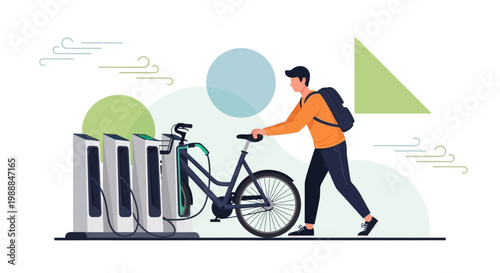Man with backpack docks electric bike at charging station, urban transport concept