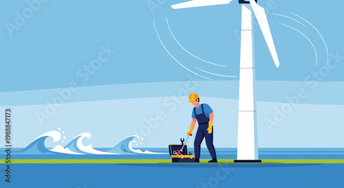 Offshore wind turbine maintenance: technician working on a wind farm at sea