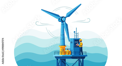 Offshore wind turbine technician inspecting control panel on platform at sea, renewable energy concept