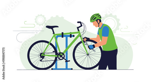Mechanic repairing a green bicycle on a stand, illustration, cycling service concept