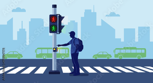 Pedestrian pressing crosswalk button at traffic light in city street with buses and cars