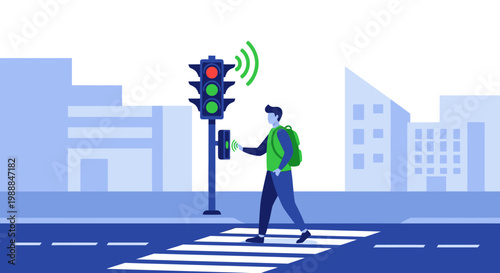 Pedestrian crossing signal activated by person with backpack on city street