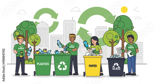People Recycling Plastic, Paper, and Glass in a City with Green Recycling Symbols