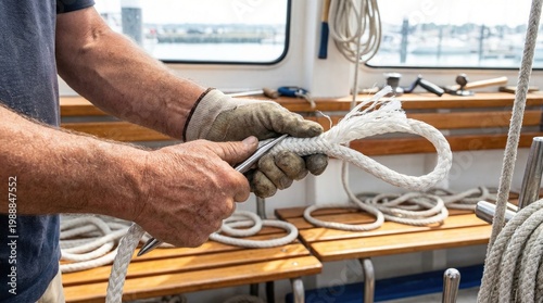 Sailor on a boat deck using a stainless steel fid to splice a loop into a thick white marine rope