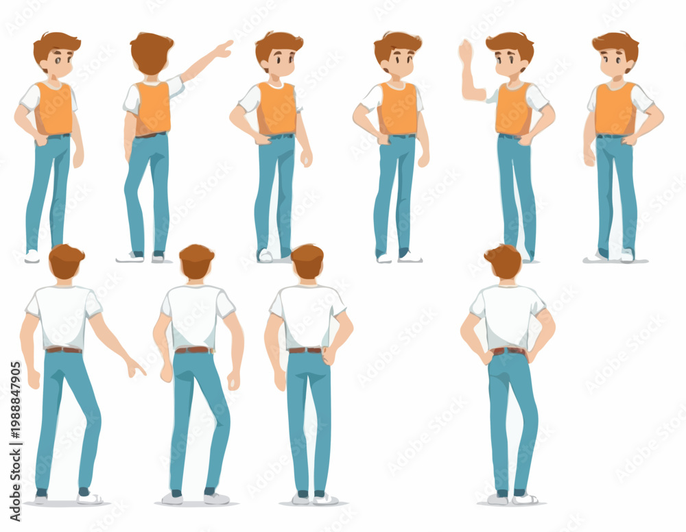 Fototapeta premium Casual boy character constructor for animation. Front, side and back view set. Body parts, postures, poses collection.