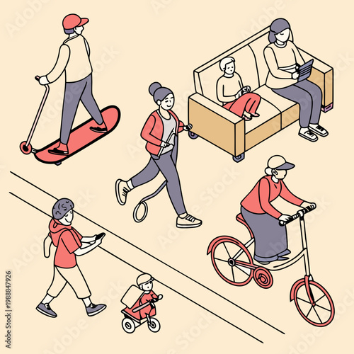 Top view of people of different genders and ages walking, standing, sitting on a couch, armchair, riding a scooter, bicycle, skateboard, motorcycle. View from above. Aerial. Colourful set of vector