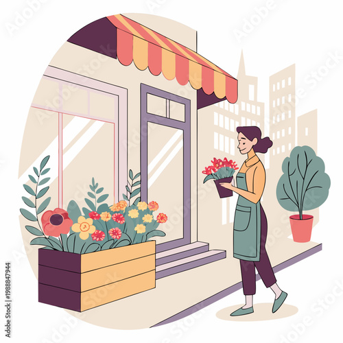 Female personage seller or owner of florist store in city. Vector isolated flower store with variety of potted plants for home and bouquets in vases for holiday gifts. Buying compositions