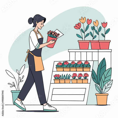 Female personage seller or owner of florist store in city. Vector isolated flower store with variety of potted plants for home and bouquets in vases for holiday gifts. Buying compositions
