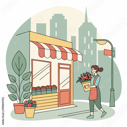 Female personage seller or owner of florist store in city. Vector isolated flower store with variety of potted plants for home and bouquets in vases for holiday gifts. Buying compositions