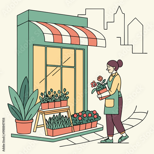 Female personage seller or owner of florist store in city. Vector isolated flower store with variety of potted plants for home and bouquets in vases for holiday gifts. Buying compositions