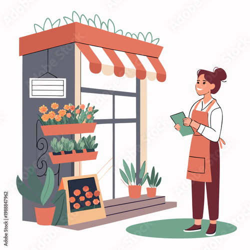 Female personage seller or owner of florist store in city. Vector isolated flower store with variety of potted plants for home and bouquets in vases for holiday gifts. Buying compositions