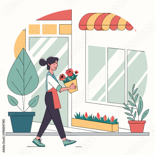 Female personage seller or owner of florist store in city. Vector isolated flower store with variety of potted plants for home and bouquets in vases for holiday gifts. Buying compositions
