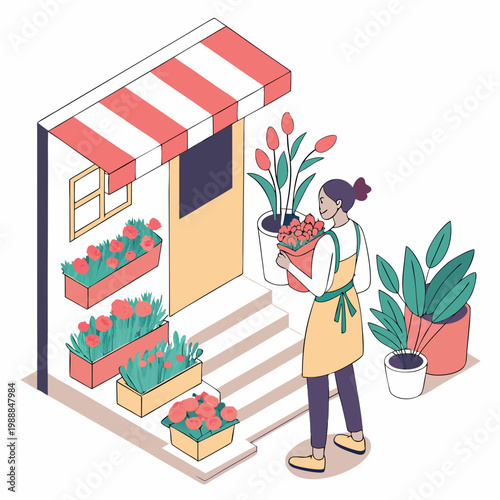 Female personage seller or owner of florist store in city. Vector isolated flower store with variety of potted plants for home and bouquets in vases for holiday gifts. Buying compositions