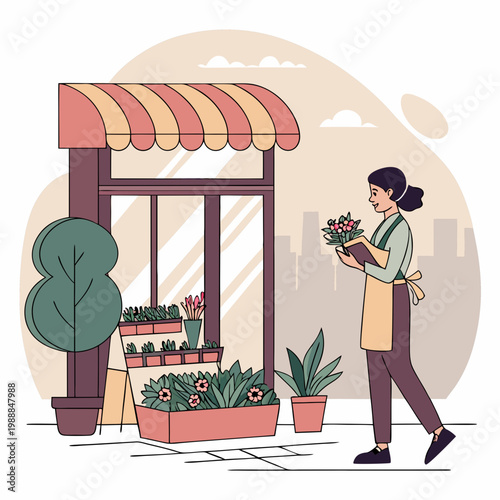 Female personage seller or owner of florist store in city. Vector isolated flower store with variety of potted plants for home and bouquets in vases for holiday gifts. Buying compositions
