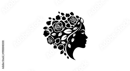 Black silhouette of a woman's head with flowers and leaves.