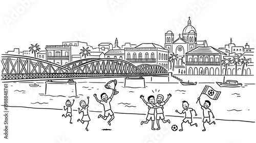 Joyful Children Celebrate Victory in a Cityscape Sketch.