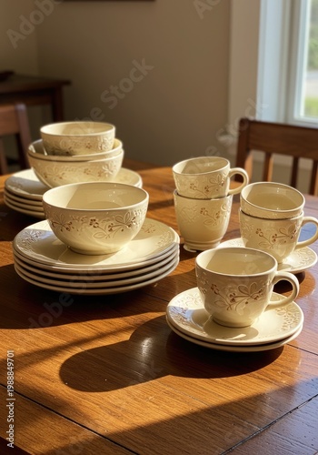 Cream-colored dishware set with subtle brown pattern