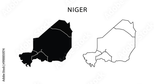 A visual representation of the country of Niger displayed in both filled and outline formats