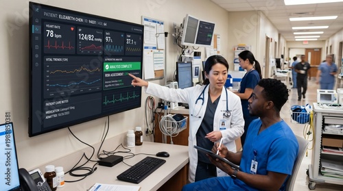 Medical professionals collaborating around a digital display showing patient vital signs in a hospital setting.
