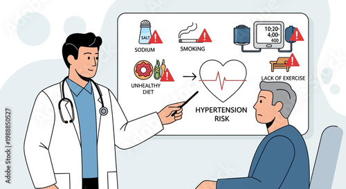 Doctor explains hypertension risk factors to patient: diet, smoking, sodium, lack of exercise