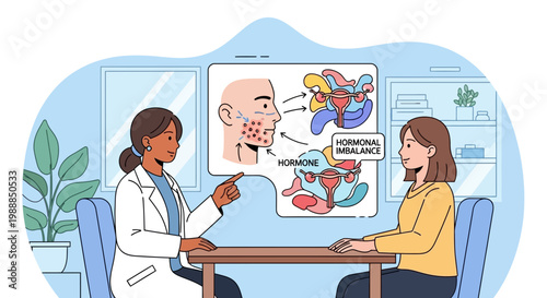 Doctor explains hormonal imbalance causing acne to a patient, medical illustration