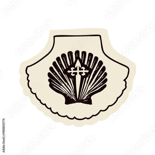 Camino pilgrims way shell signpost symbol icon of scallop sign. St James cross route religious motif sign for walkers seeking sanctuary on European Santiago de Compostela sacred holy pilgrimage road.