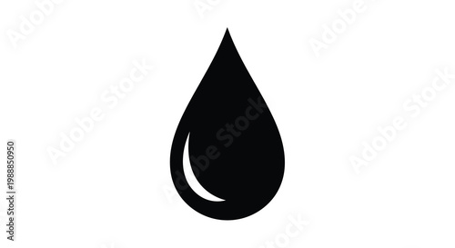 A simple black silhouette of a single water droplet against a stark white background high quality